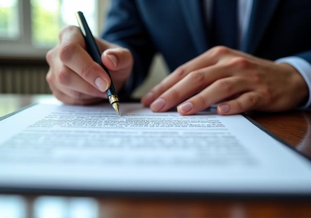 Close up of a professional lawyer drafting a precise legal contract on high-quality paper in a modern office.